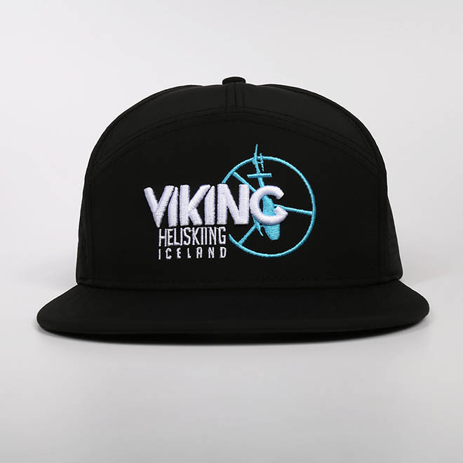 Custom 7 Panel Polyester Embroidery Logo Laser Cut Hole Flat Brim Hat Snapback Cap