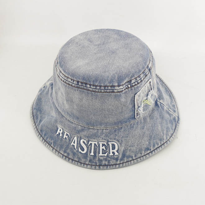 Custom Fashion Women Washed Denim Embroidery Logo Wide Brim Bucket Hat
