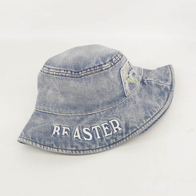 Custom Fashion Women Washed Denim Embroidery Logo Wide Brim Bucket Hat
