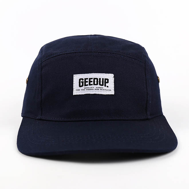 Custom Cotton 5 Panel Hat Woven Label Logo Curved Brim Men Camp Cap