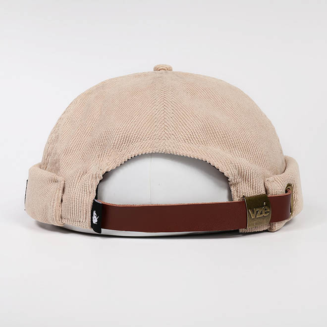 Custom 6 Panel Corduroy Woven Label Patch Logo Leather Back Strap Docker Hat Brimless Cap