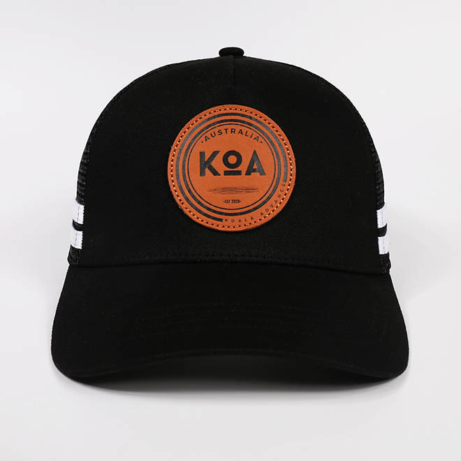 Custom 5 Panel Leather Patch Logo Cotton Side Strap Curved Brim Mesh Cap Trucker Hat