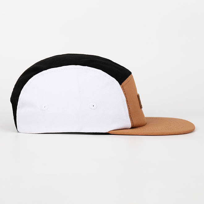 Custom 5 Panel Hat Cotton 2 Tone Leather Patch Logo Flat Brim Camp Cap