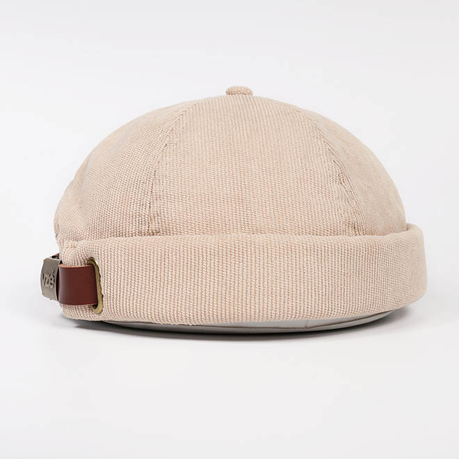 Custom 6 Panel Corduroy Woven Label Patch Logo Leather Back Strap Docker Hat Brimless Cap