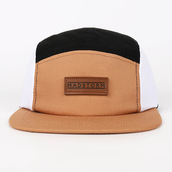 Custom 5 Panel Hat Cotton 2 Tone Leather Patch Logo Flat Brim Camp Cap