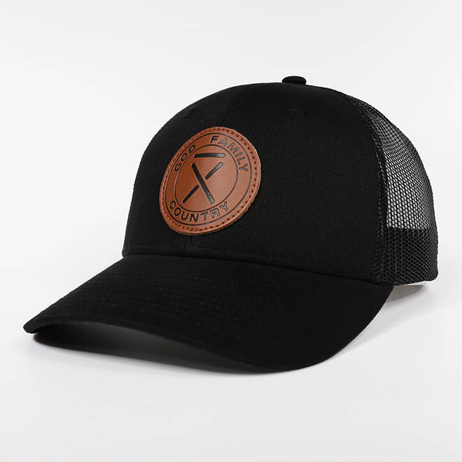 Custom Cotton 5 Panel Leather Patch Logo Black Mesh Cap Trucker Hat