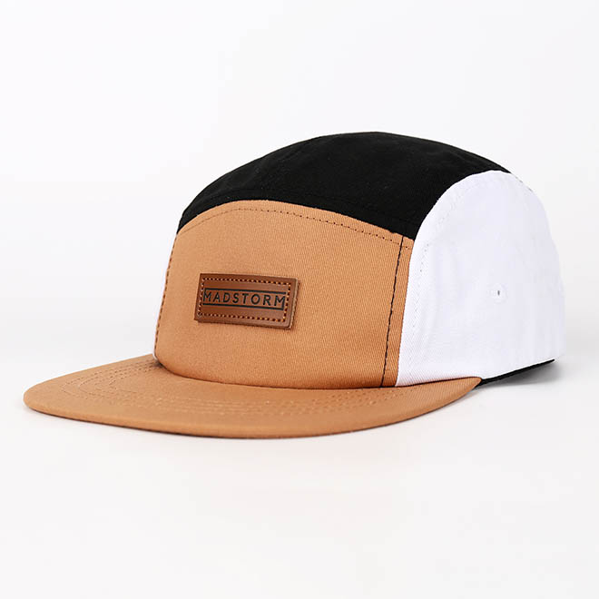 Custom 5 Panel Hat Cotton 2 Tone Leather Patch Logo Flat Brim Camp Cap