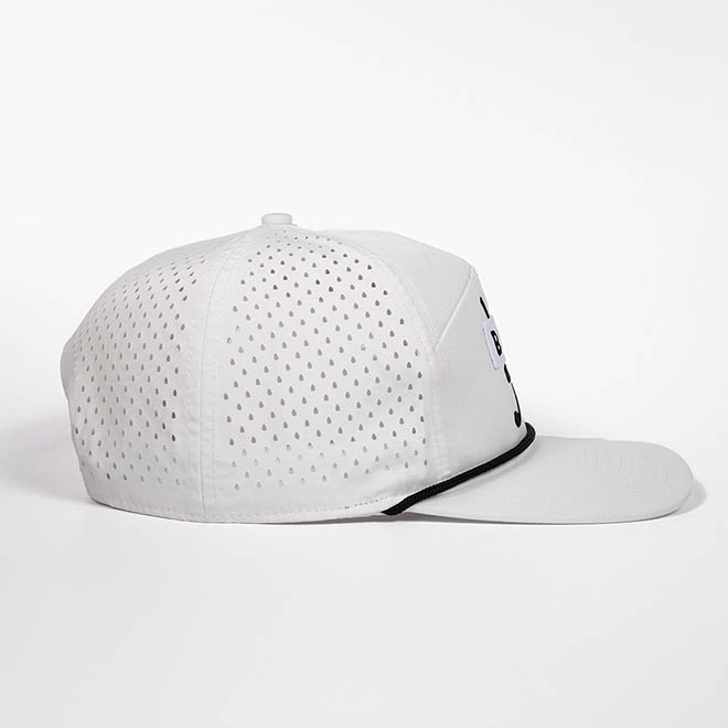 Custom 7 Panel Polyester Applique Embroidery Patch Logo Laser Cut Hole Flat Brim Rope Hat Snapback Cap