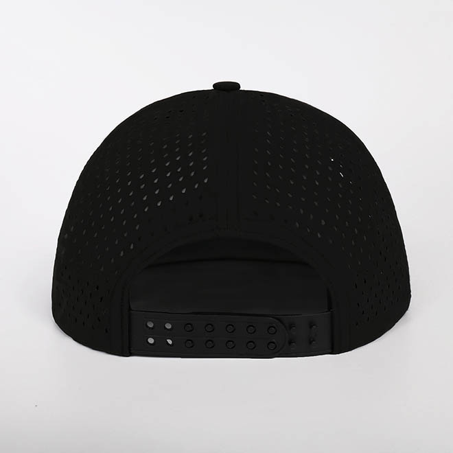 Custom 7 Panel Polyester Embroidery Logo Laser Cut Hole Flat Brim Hat Snapback Cap