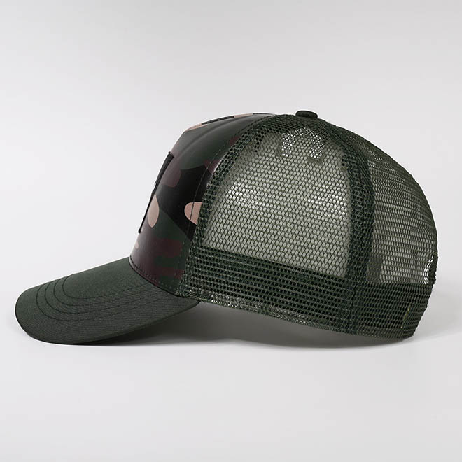 Custom 5 Panel Camouflage Leather Woven Patch Applique Logo Mesh Cap Trucker Hat