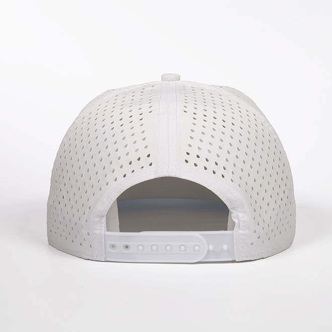 Custom 7 Panel Polyester Applique Embroidery Patch Logo Laser Cut Hole Flat Brim Rope Hat Snapback Cap