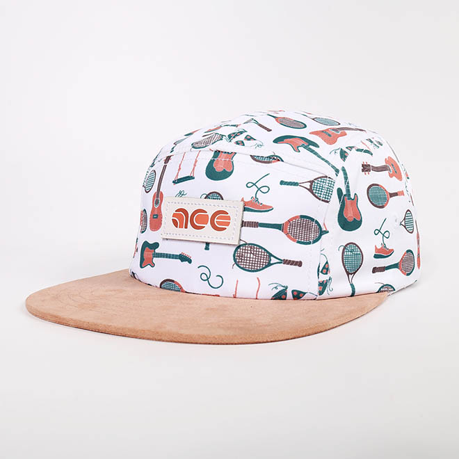 Custom 5 Panel Hat Polyester Sublimation Printed Leather Patch Logo Suede Brim Camp Cap